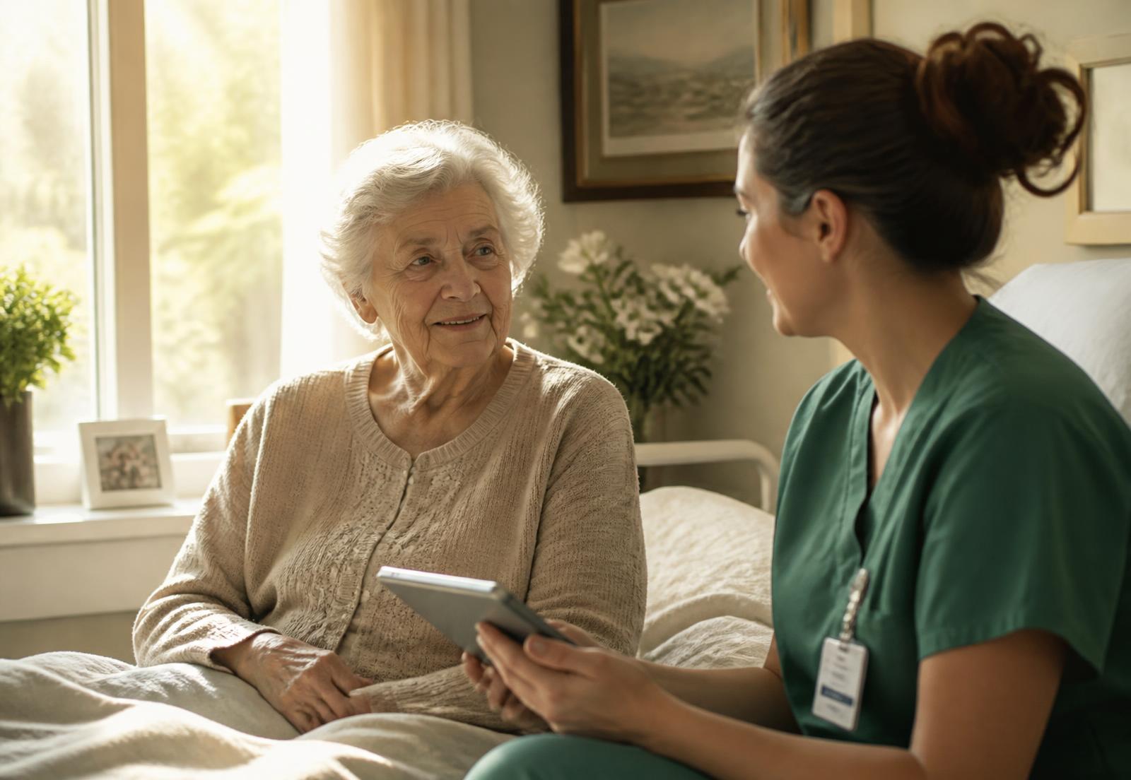 A nurse reviewing the day's care updates on a tablet with an elderly resident in her room